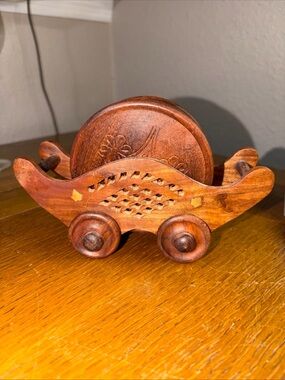 Vintage Hand-Carved Wooden Coaster Set with Decorative Holder - Brown